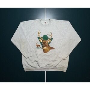 Vintage 90s Deer Nature Crewneck Sweatshirt Size XL Gray Buck Outdoor Wildlife